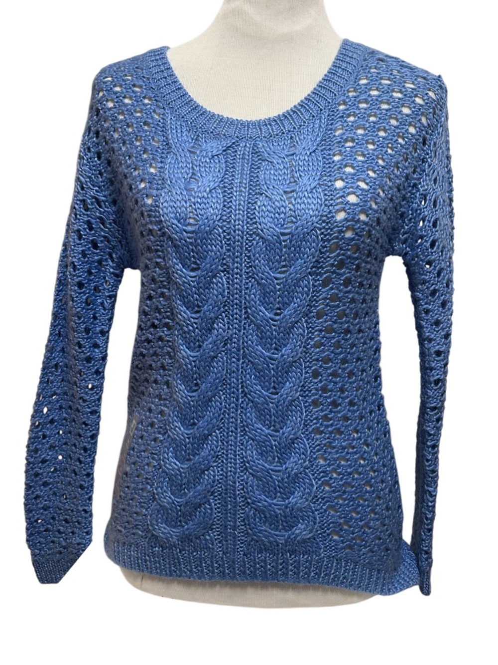 NWT JCPenney Women’s Blue Open Knit Cable Knit Crewneck Sweater Size MP